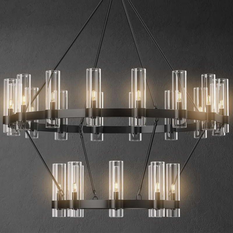 24-lights Chandelier,wagon Wheel Chandelier With Glass Shade, Matte Black
