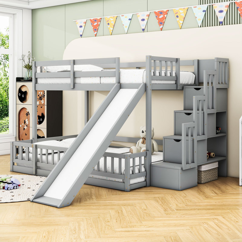 Twin over Full Bunk Bed with Slide, Stairs and Guardrails, Gray