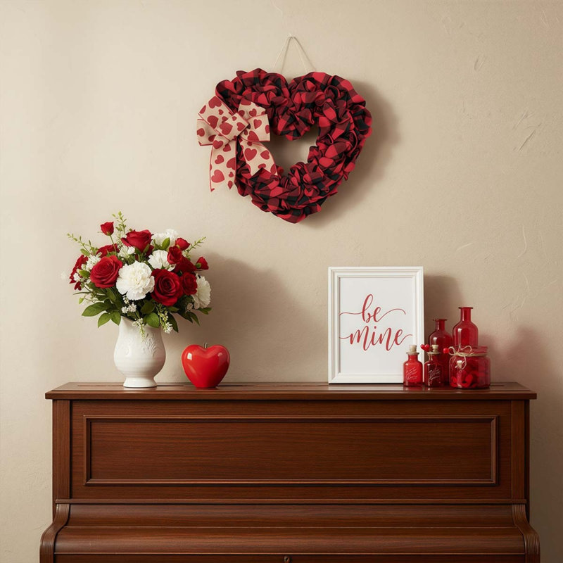 Couronne de Saint-Valentin en forme de cœur en toile de jute, tissu écossais Buffalo de 15,75 pouces avec décoration de Saint-Valentin