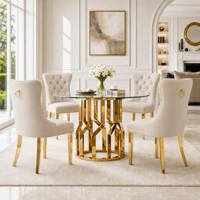 38.9" Round Glass Dining Table Set for 4, 5-Pieces Round Dining Table set, 0.31" Clear Tempered Glass Dining Table set for Kitchen, Dining Room, Apartment
