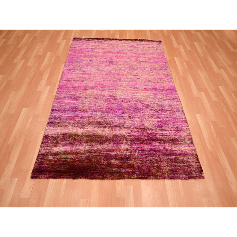 Tapis oriental noué à la main 5 pi x 6 pi 10 po, motif Abrash, soie Sari, uni, doux au toucher