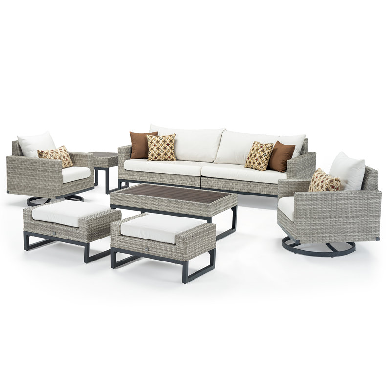 8 Piece Motion Deep Seating Patio Conversation Set, Centered Ink Stripe Sunbrella®, Gray