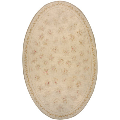 Light Cream Color Faded Floral Motif Antique Oval Room Size French Aubusson Rug
