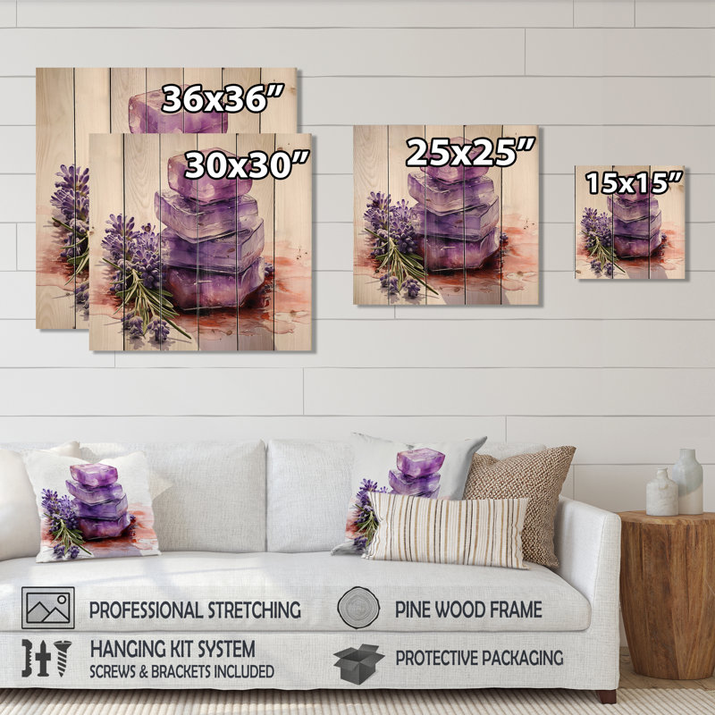 Purple Lavender Batjhroom Soap III - Lavender On Wood Print, 15" H x 15" W