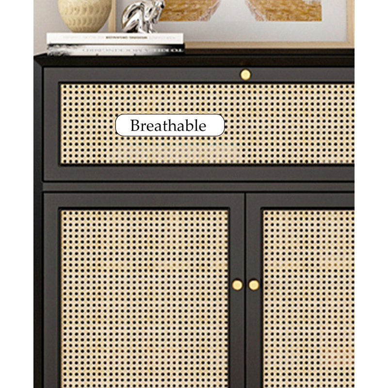 Armoire à chaussures minimaliste en bois massif de rotin moderne, Noir, naturel