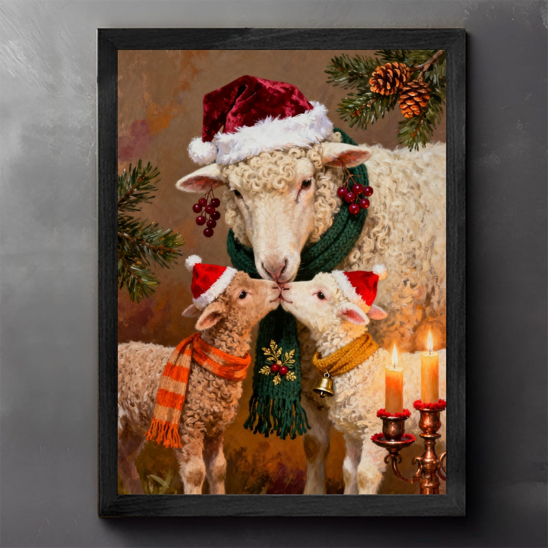 Reproduction d'art encadrée noire rétro de famille de moutons de Noël rétro, H 11 po x l 9 po