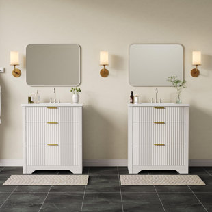 Modern Bathroom Vanity with White Ceramic Sink, Wave-Texture Wood Panel, Flip-Down and Deep Drawers