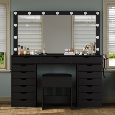 15 Drawers Vanity Desk with Power Outlet, Makeup Vanity with Mirror and 13 LED Lights, 3 Color Lighting Modes, Brightness Adjustable, Glass Top Vanity Set