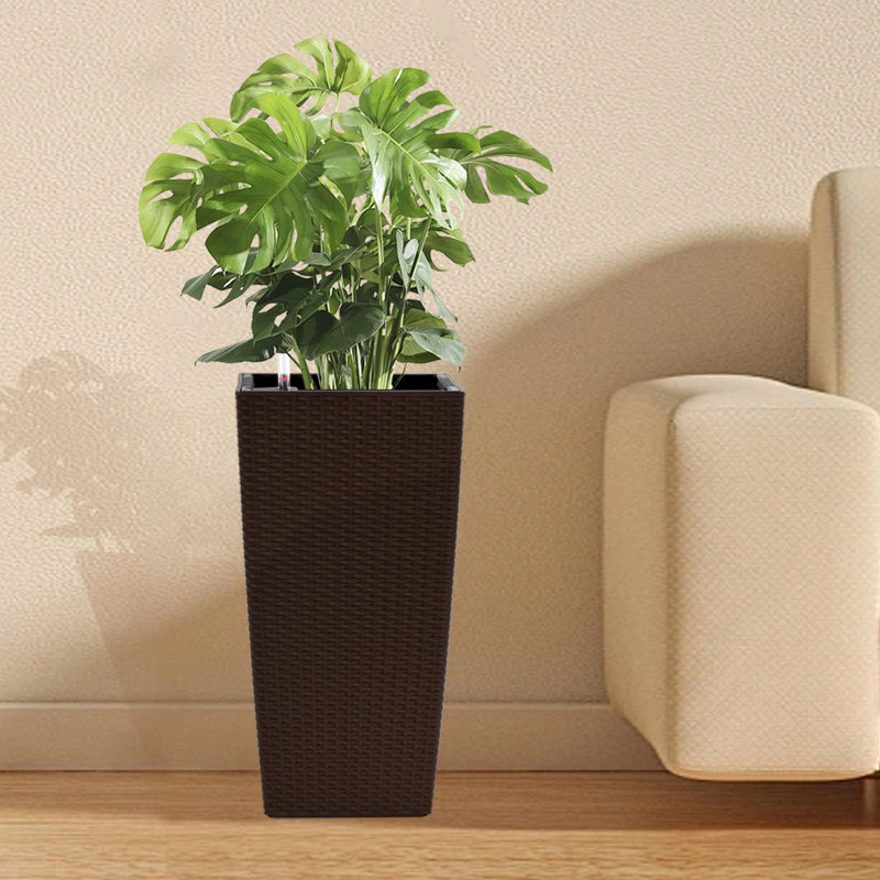 Indoor/Outdoor Modern Faux Rattan Design Square Planter, 22.6 inch  Plastic Large Planter with Automatic Watering System for Home and Garden (22.6 inch - 2 Pack)