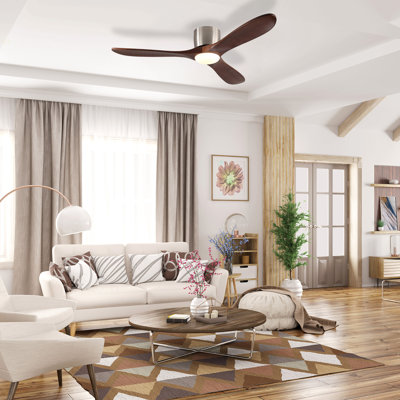 52-Inch Ceiling Fan With Light, 3 Light Walnut Wood Blades, Remote Control, Reversible DC Motor For Living Room