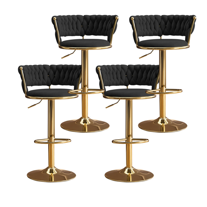 Ensemble de 4 tabourets de bar rotatifs en velours, hauteur réglable avec base en métal doré pour îlot de cuisine, noir, Noir