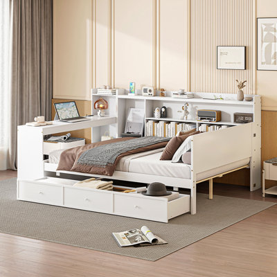 Lit de jour double en bois avec 3 tiroirs, ports USB et bureau, blanc