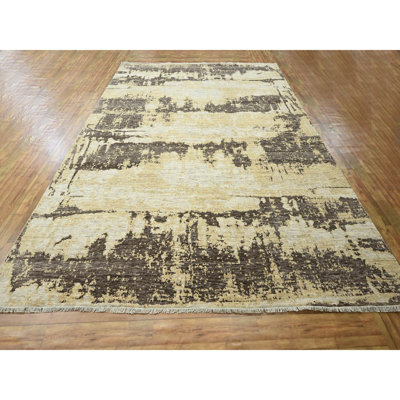 9'x12' Ivory & Chocolate Brown, Modern Abstract Design with Natural Colors, Hand Knotted, Wool and Silk, Oriental Rug
