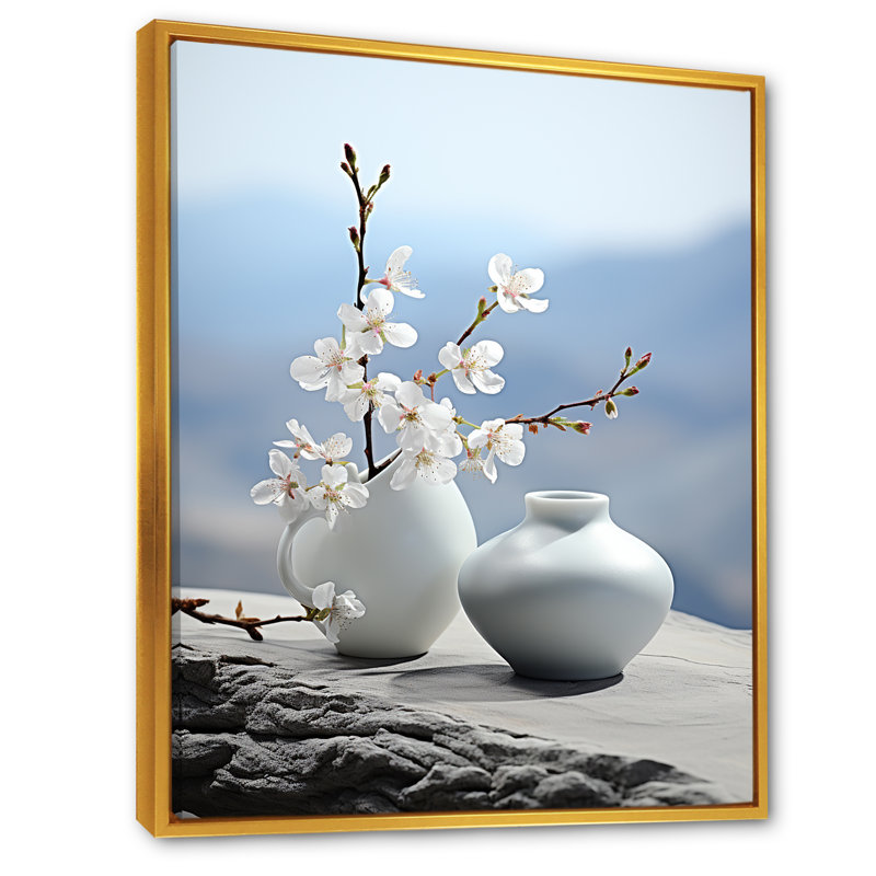 Art zen floral sur pierre spirituelle, Cadre flottant doré, H 32 po x l 24 po x P 1 po