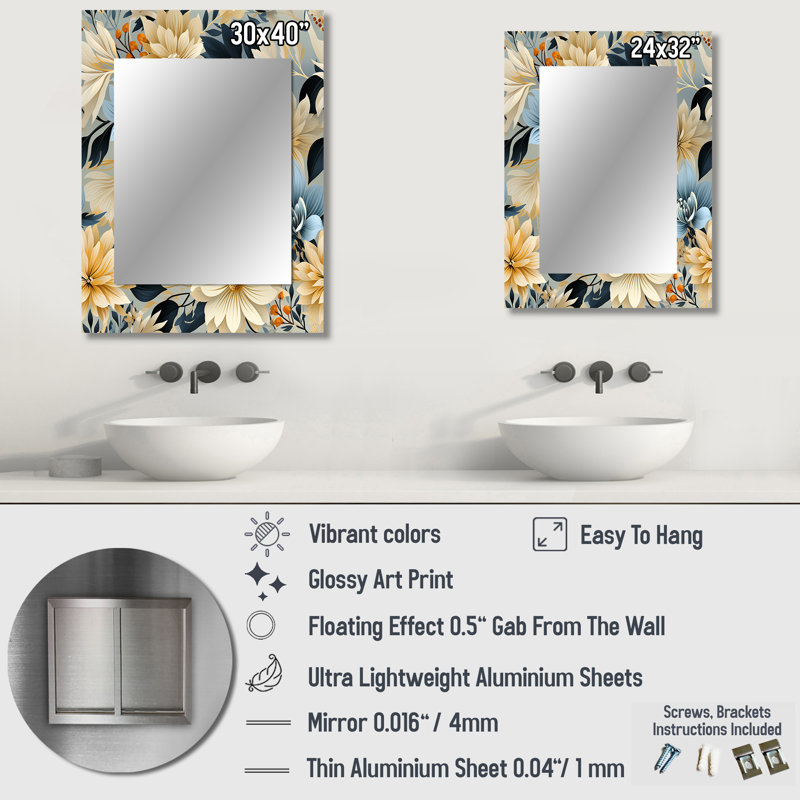 Claron Blue Boho Floral Harmony Dreams - Floral Mirror, Floral Unique Wall Mirror, Printed Metal Art, 32" x 24"