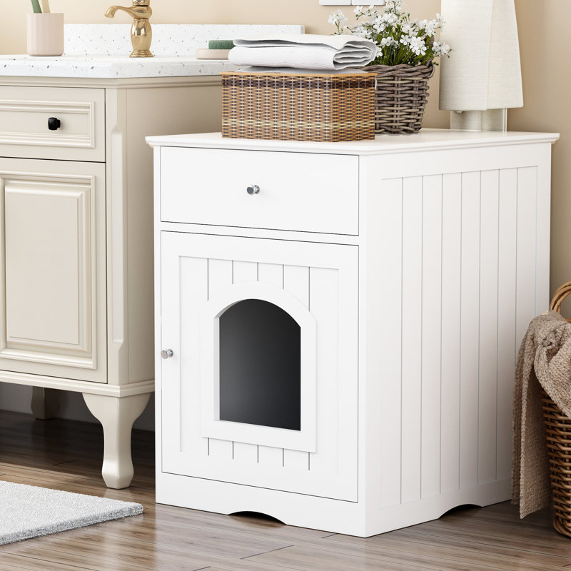 Enceinte de litière en bois blanche avec table d'appoint pour chat, Blanc
