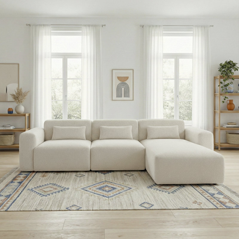 Lima Plush Boucle Sectional Sofa With Wide Armrests & Extra Pillows