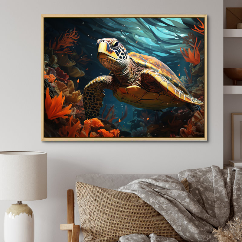 «Turtle Aquatic Wanderer», impression géométrique sur toile, H 30 po x l 40 po x P 1,5 po, Cadre naturel flottant