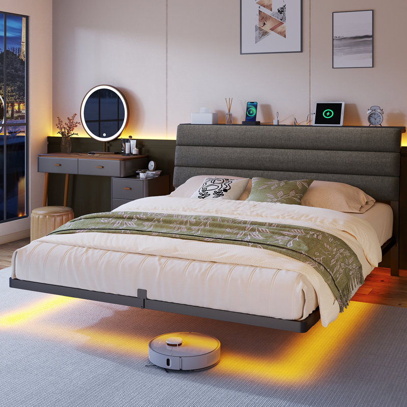 Queen Bed Frame with  LED Lights and Charging Station, Queen