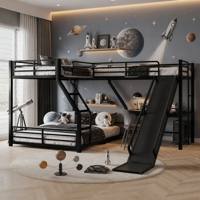 Lit superposé simple au-dessus d'un grand lit en forme de L avec lit mezzanine simple, lit superposé triple en métal avec glissade et ports USB