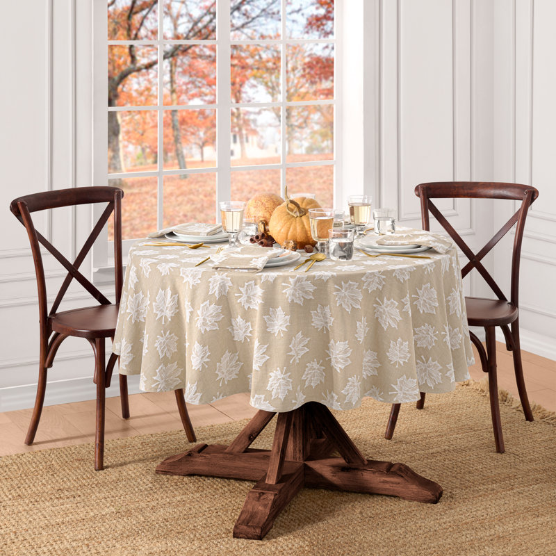 Mattox Falling Leaves Jacquard Cotton Tablecloth, 84"  x 60" Oval, Taupe
