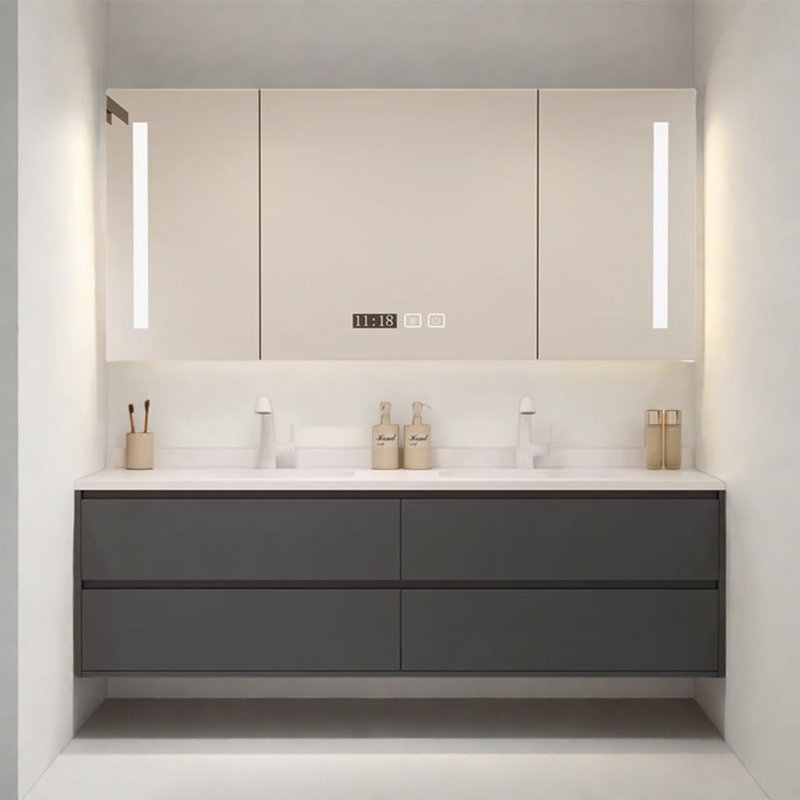 Armoire de salle de bain intégrée en céramique sans soudure, Gris, H 19,69 po x l 55,12 po x P 21,65 po