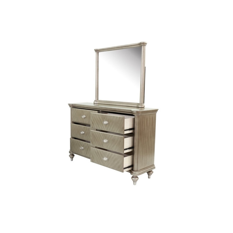 Commode 6 tiroirs argent antique avec miroir, fabrication en bois massif et en placage, mobilier de chambre contemporain