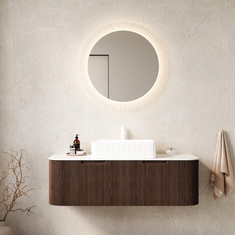 Meuble-lavabo 48 po, lavabo en céramique blanche, motif rayé 3D noyer foncé, 2 tiroirs, comptoir, système de fermeture en douceur, pré-assemblé