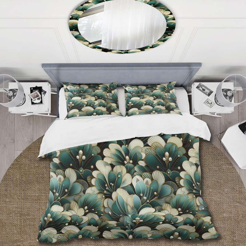 Ensemble de housse de couette Damask Green Art Decor, Housse de couette simple + 1 taie décorative stan