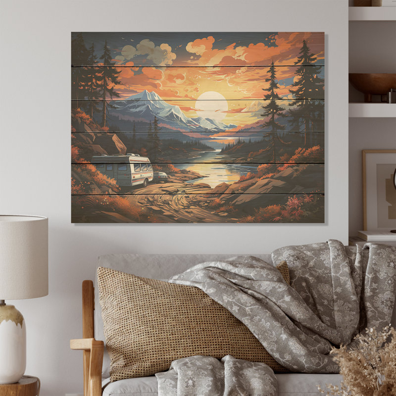 «Camping Van Charm At Sunset», art mural en bois de camping sur bois de pin naturel, H 10 po x l 20 po