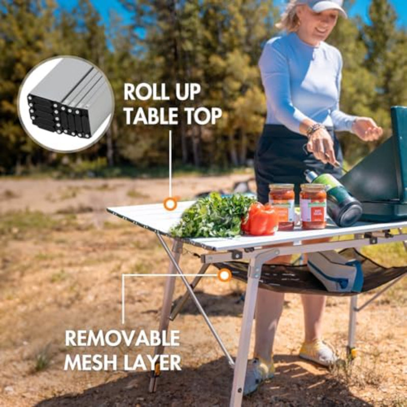 Table de camping pliable et portable avec pieds ajustables, table pliante en aluminium, table enroulable avec sac de transport pour l'extérieur, la plage, les pique-niques, le jardin, les barbecues et les fêtes, argentée, grande
