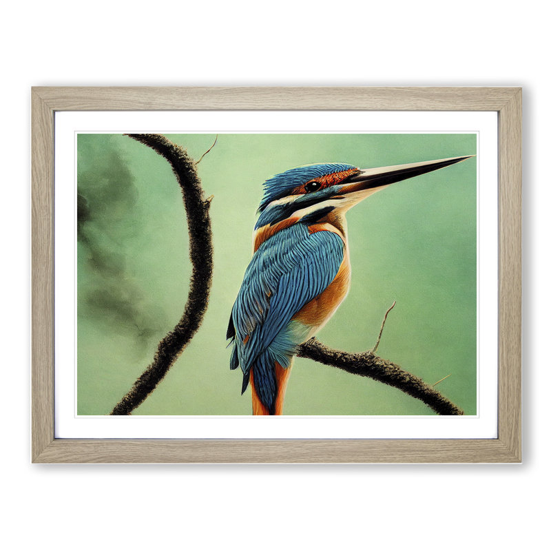 Enigmatic Kingfisher Bird - Single Picture Frame Print, Oak Framed, 25cm H x 34cm W x 2cm D