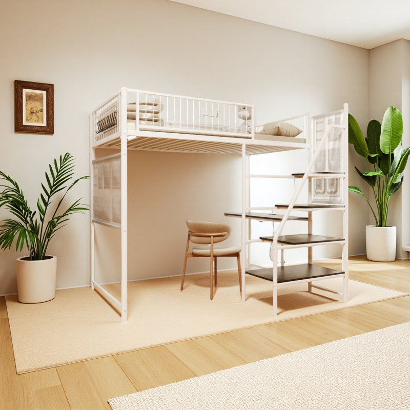 Loft Metal Bed For Bedroom And Dormitory, With Built-In Charging Station And LED Lighting, Twin, White