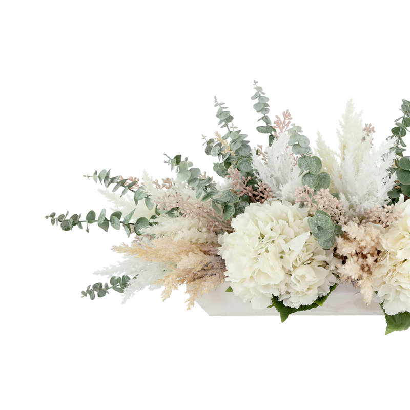 Hydrangea, Pampas and Eucalyptus Arrangement in Wooden Bowl, White