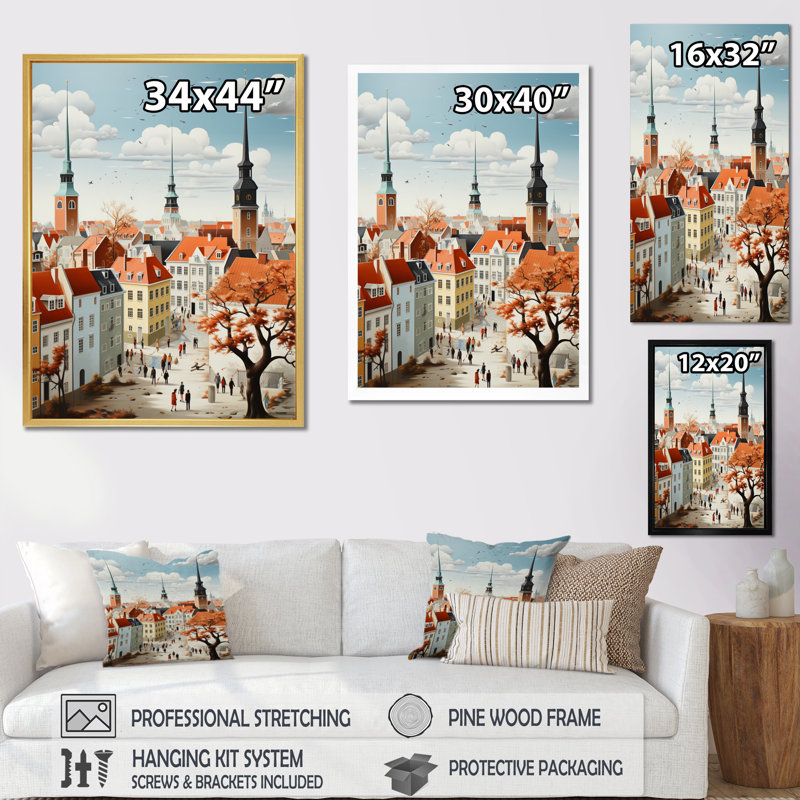 Hoosick Danemark, toits écarlates, collage I - impression, Cadre photo argenté, H 44 po x l 34 po x P 1,5 po