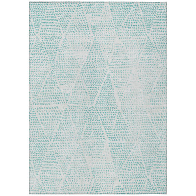 10' X 14' Aqua And Ivory Geometric Washable Indoor Outdoor Area Rug