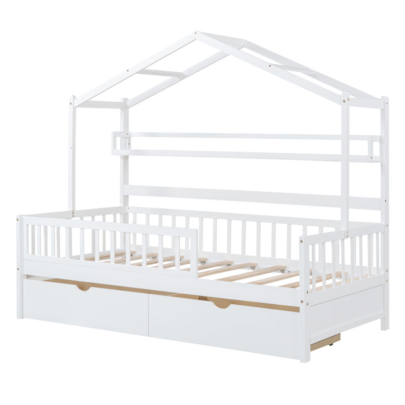 Lit en bois avec 2 tiroirs, lit pour enfant avec tablette de rangement, blanc, Lit simple