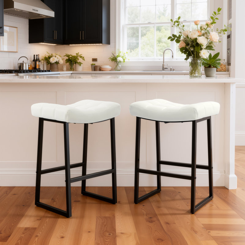 24" Modern Backless Saddle Counter Height Bar Stools With Metal Frame for Kitchen Island, White Seat/Black Frame