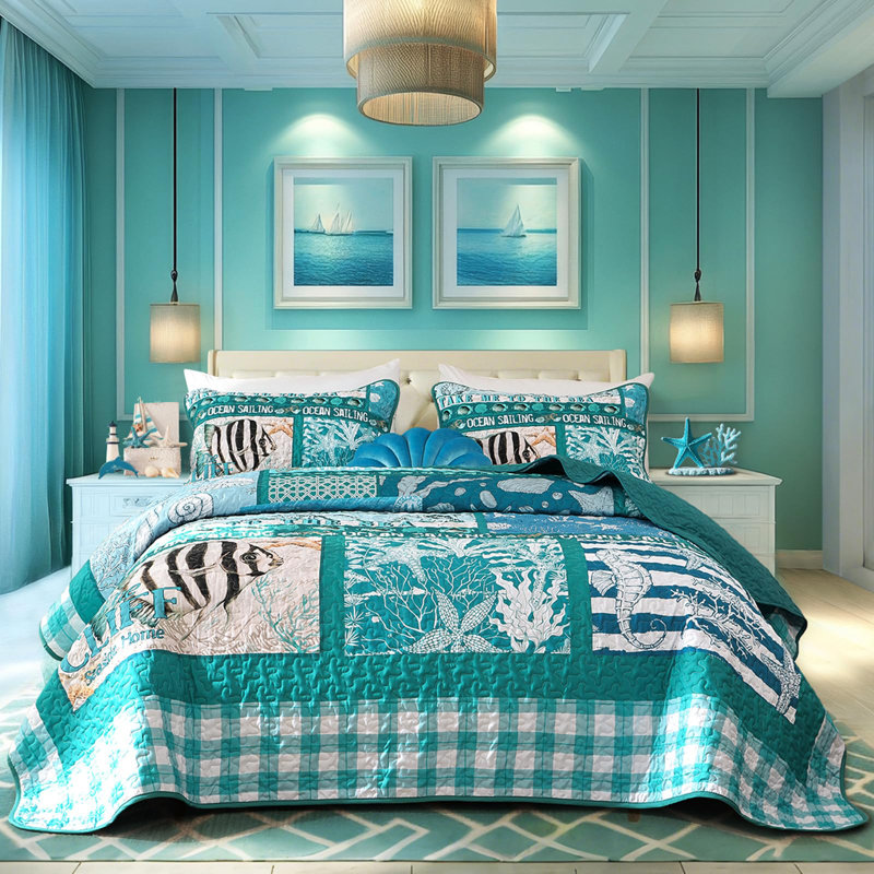 Ensemble de courtepointe réversible 3 pièces Coastal Beach - Ensemble de literie en microfibre légère à carreaux, Green Ocean