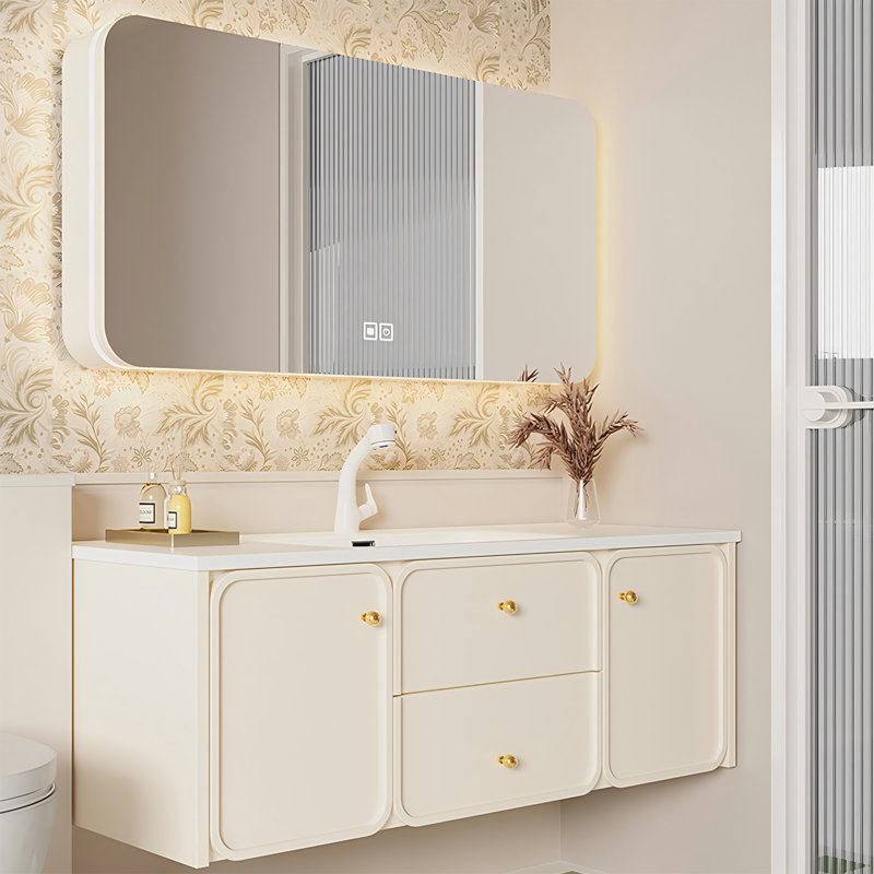 Meuble-lavabo mural en bois d'hévéa 59,06 po avec miroir, 60"