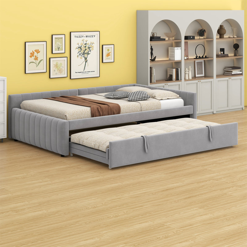 Upholstered L-Shaped Upholstered Daybed With Pop Up Trundle, Gray