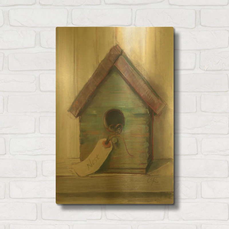 «Birdhouse» par Carol Rowan, art mural en métal doré, 16 po x 24 po, 16 po x 24 po