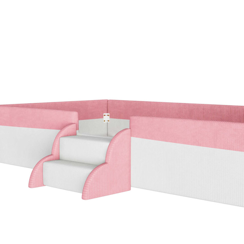 Lit tapissier de qualité supérieure avec clôture de sécurité et éclairage DEL intelligent, Rose ; blanc