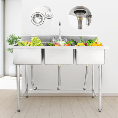 Évier de cuisine autoportant à 3 compartiments