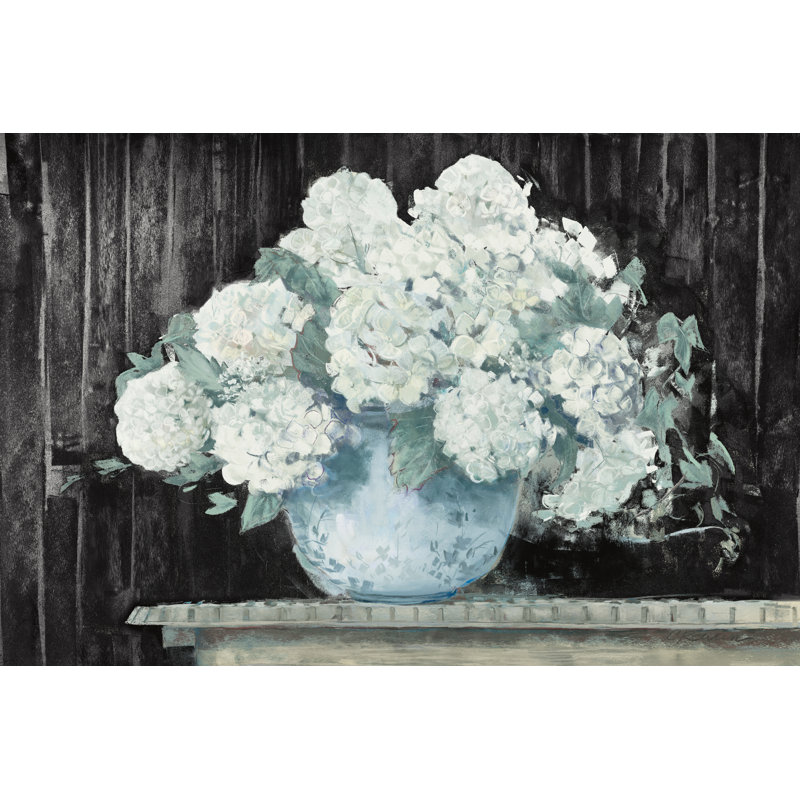 " White Hydrangea On Black Crop ", 12" H x 16" W 