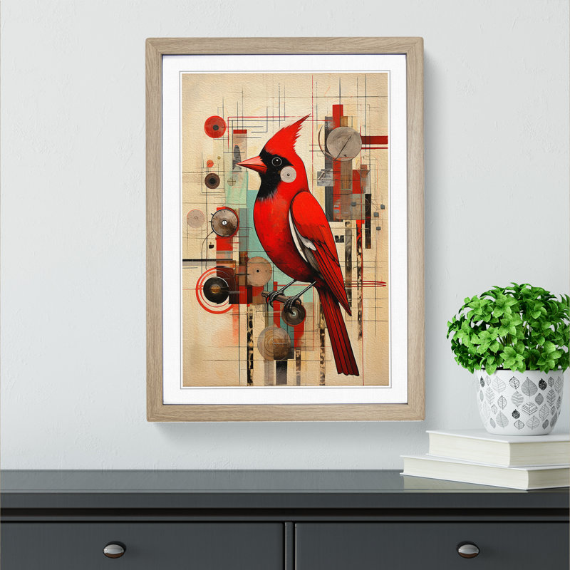 Cardinal Bird Constructivism No.2 - Framed Print, Oak Framed, 64cm H x 46cm W x 2cm D