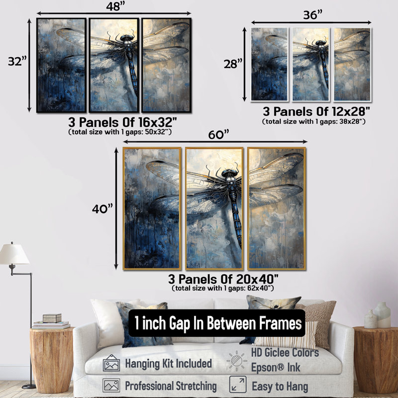 «Bluelflyfly», impression d'art de libellule bleue, H 28 po x l 36 po x P 1 po, Toile avec cadre flottant noir