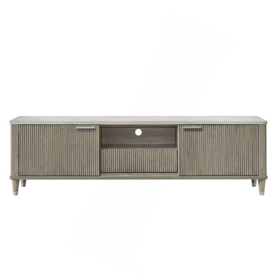 1pc Modern Luxury and Sleek Faux Marble Top Sliding Doors Open Shelving Tapered Legs Tv Stand Media Console Drift