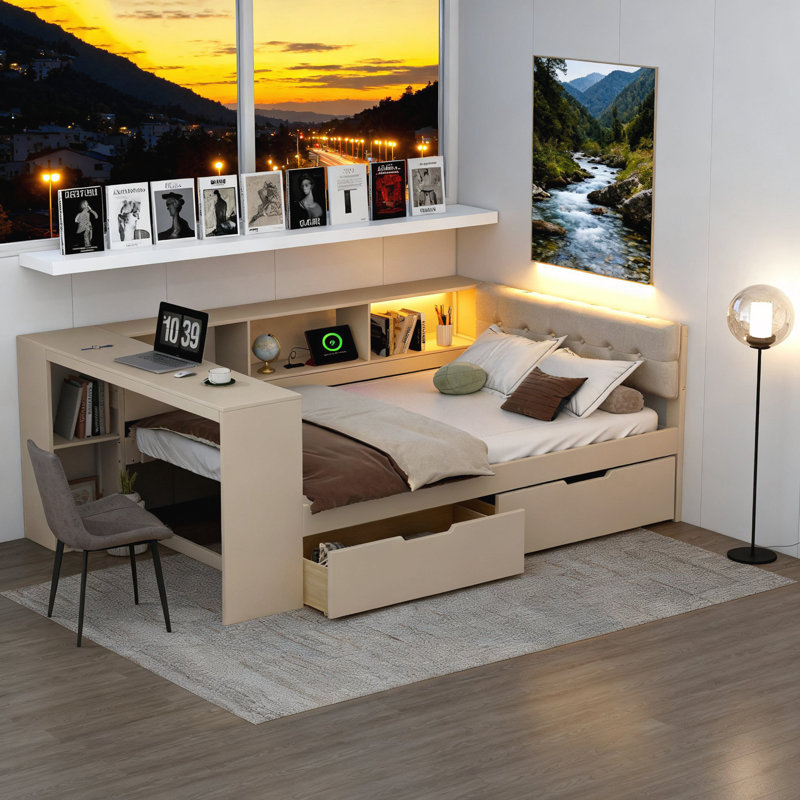 Lit plateforme en bois avec tablettes de rangement, Cream, Double