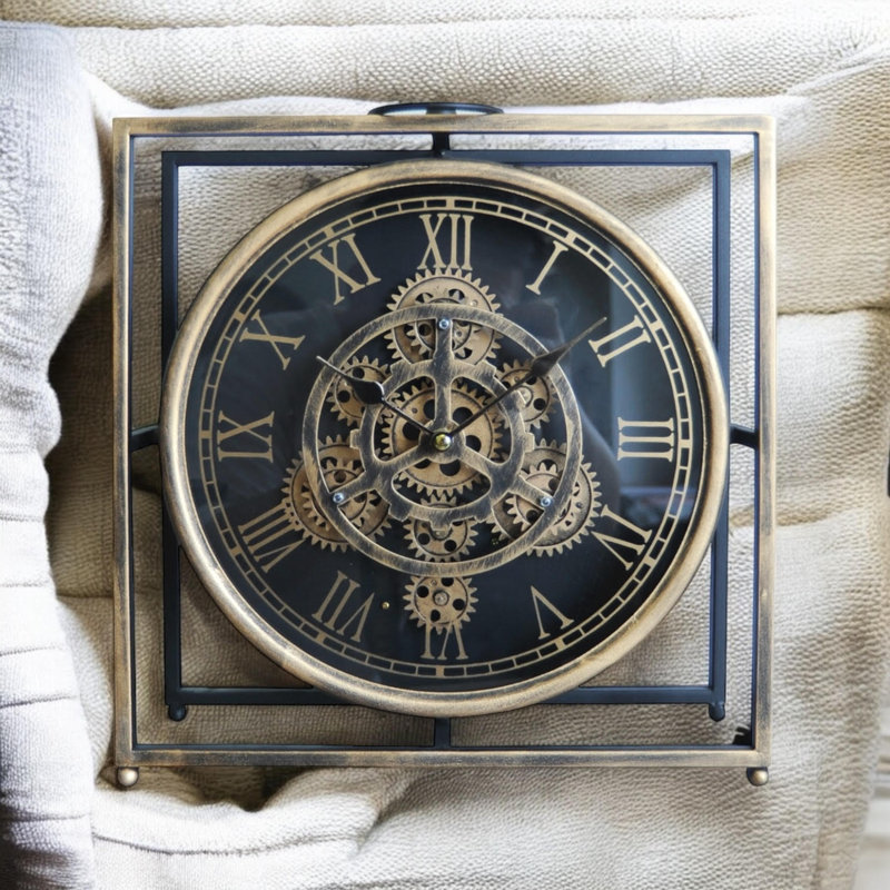 Degraffenreid Analog Metal Table Clock | Black Quartz Desk Clock with Moving Gears Numerals, Decorative Home Accent